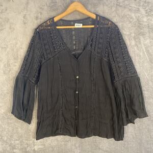 Black Crochet Top Size Medium Button Front Bell Sleeve Whimsy Goth witchy